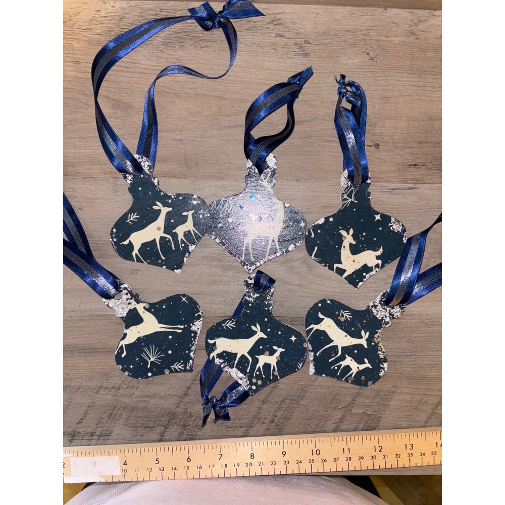 Set of 6 Christmas Ornaments Reindeer Snowflake Glitter Rustic Home Decor